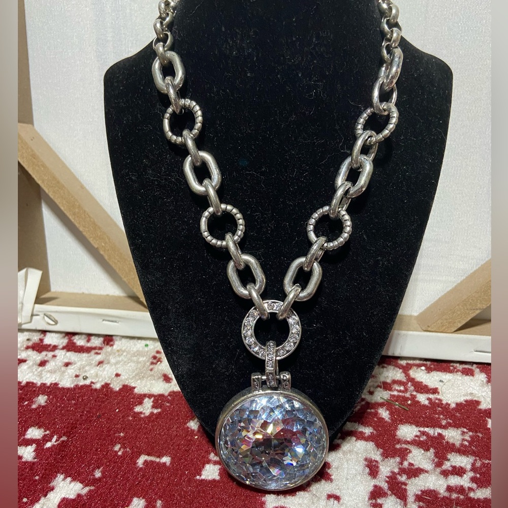 Chunky Chain Link Pendant Necklace Silver Tone Large Faux Stone Pendant.